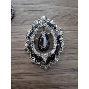 Art Deco SilverTone Black Hematite Navette Rhinestone Brooch & Earrings